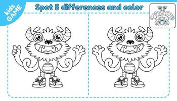 Find the differences and color. Educational kids game with contour monsters. Spot distinction cartoon mutants. Puzzle for children. Page of coloring book. Black and white vector outline illustration.