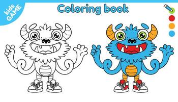 Page of coloring book for kids. Outline and color cartoon monster. Activity for preschool and school children. Painting task for child. Paint cute contour mutant. Vector black and white illustration.