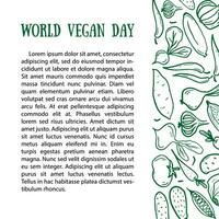 World vegan day, vector doodle poster with vegetables. Background card with text