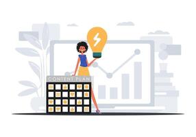 A woman holding a light bulb over a calendar vector