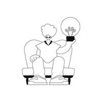 Man holds lightbulb and embodies ideas in linear vector illustration.
