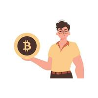 The guy is holding bitcoin. Character in trendy style. vector