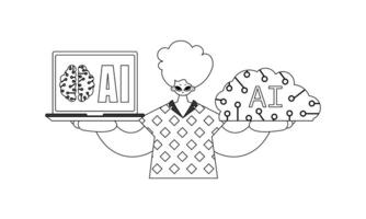 A man holding a laptop and a brain vector