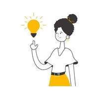 Girl and light bulb. Idea concept. Vector illustration. Isolated. Linear trendy style.