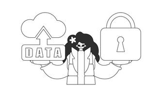 Girl holds a cloud storage logo for the internet of things. vector linear design illustration