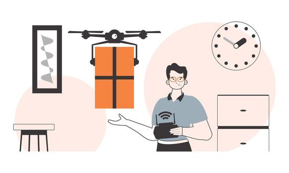 un hombre envía un paquete con un zumbido. zumbido entrega concepto. minimalista lineal estilo. vector