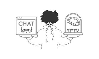 A black and white illustration of a person holding a laptop and a phone vector
