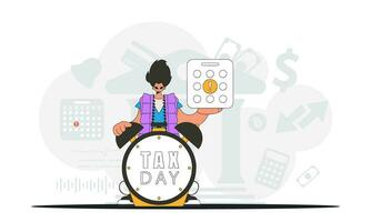 Graceful man with a calendar and an alarm clock. Graphic illustration on the theme of tax payments. vector