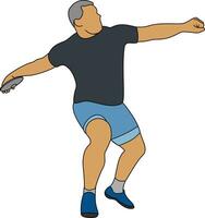 Male athletes are practicing in the arena, holding discus in hand and looking into the distance, preparing to throw. Cartoon style illustration. vector