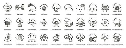 nube informática íconos conjunto de línea, nube servicios, servidor, ciber seguridad, digital transformación. contorno icono recopilación. vector