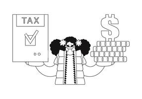 She grasps a tax return and money stack. linear vector illustration.