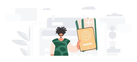 The person holds a around the world id and discourse about tickets in his hands. The concept of rest and travel. Trendy style, Vector Illustration