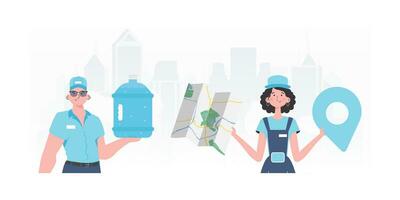 A group of people specializing in the delivery of water. Modern style. Vector illustration.