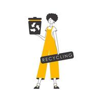 The girl is holding a trash can. The concept of recycling plastic and waste. Linear style. Isolated on white background. Vector illustration.