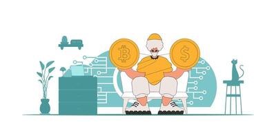 A man is holding a dollar and bitcoin coin. Cryptocurrency and fiat exchange concept. vector