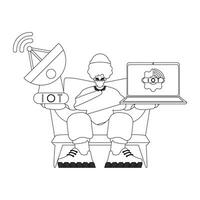 chico sostiene antena y ordenador portátil a trabajo con iot datos, en vector lineal diseño