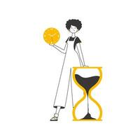 The girl is holding a watch in her hands. Time management concept. Linear trendy style. Isolated. Vector illustration.