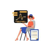 The female child sits in a mince and holds a graph with statistic. Trendy style, Vector Illustration