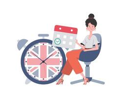 Girl, a calendar with a marked date and a clock. The concept of learning English. Isolated. Trendy flat style. . vector