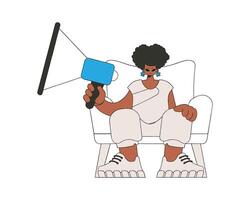 A young woman sits in a chair and holds a megaphone in her hand. Suitable for use in communications or protest thematic projects. vector