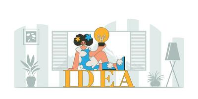 A presentable girl is holding a light bulb. Illustration on the theme of the appearance of an idea. vector