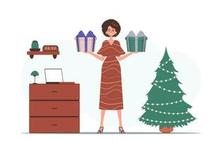 Gift concept for christmas or new year. A woman holds a gift in her hands. vector