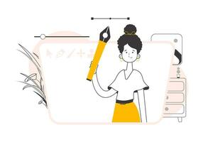 The girl designer holds a pen tool for 2D graphics in her hand. Linear trendy style. Vector illustration.