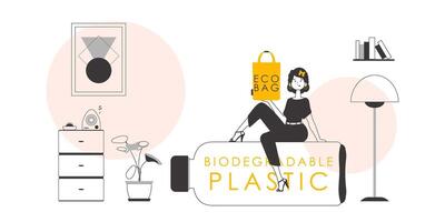 ecología conservación concepto. un mujer sostiene un paquete ecológico en su manos. lineal moderno estilo. vector