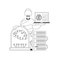A cartoon man holding a laptop and a computer vector