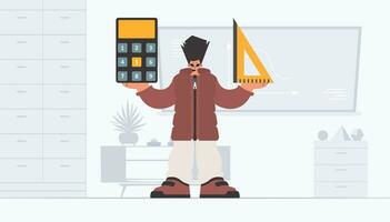 The person is holding a ruler and a calculator, learning subject. Trendy style, Vector Illustration