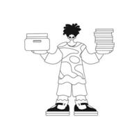 Guy stacks documents. Linear style. Vector artwork.