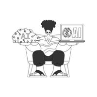 A man sitting on a chair with a laptop and a brain vector