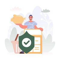 A man holding a check box and a piggy bank vector