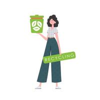 el niña es representado en lleno crecimiento y sostiene un urna en su manos. el concepto de reciclaje y cero desperdiciar. aislado en blanco antecedentes. vector ilustración plano de moda estilo.