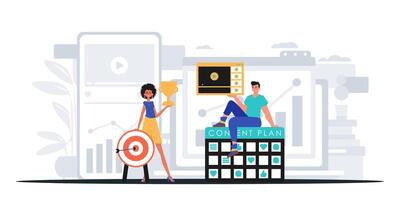 A man and woman are sitting on a desk with a target and a calendar vector