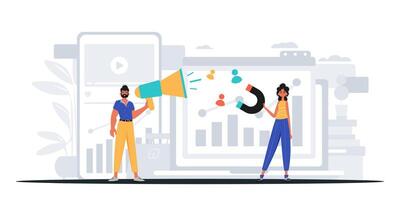 Two people are standing next to a computer screen with a megaphone vector