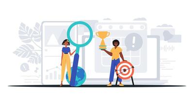 Two people holding a magnifying glass and a target vector