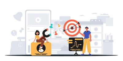 A man and woman are standing next to a target and a phone vector