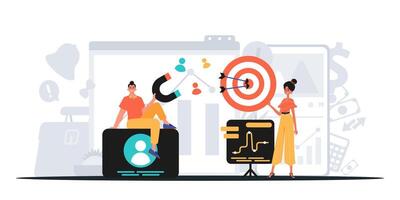 People are standing around a table with a target on it vector