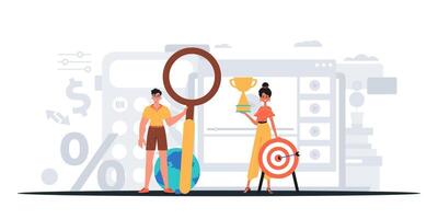 Two people holding a magnifying glass and a trophy vector