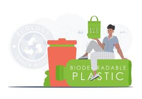 el concepto de ecología y cuidado para el ambiente. el chico se sienta en un botella hecho de biodegradable el plastico y sostiene un eco bolso en su manos. Moda tendencia ilustración en vector. vector