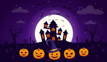 Vector Halloween illustration with a silhouette of a castle at glowing moon and dead trees near the cemetery crosses flat