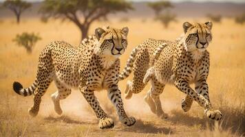 un asombroso instantánea de dos guepardos en lleno pique a través de el vasto y salvaje sabana paisaje. ai generado foto