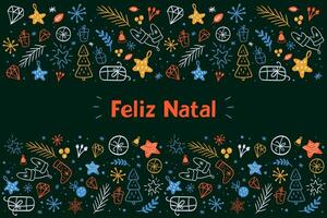 alegre Navidad en portugués con vistoso adornos oscuro antecedentes. guantes, pino árbol, Navidad pelotas, regalo, hielo copos, sucursales. vector