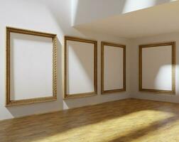 set of four massive classic wooden frame mockup on the corner of the minimalist interior art gallery photo
