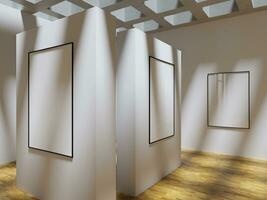 set of three frame mockup poster in the museum art gallery lit by sunlight photo