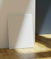 simple minimalist canvas frame mockup poster leaning on the white wall and wooden floor photo