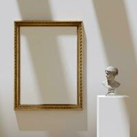 classic wooden frame mockup poster hanging on the clean white wall beside of statue photo