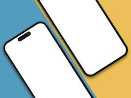 couple of smartphone 14 pro mockup screen on the blue and yellow combination background color with shadow for your design photo