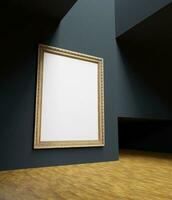 a massive vintage wooden frame mockup poster hanging in the minimalist art gallery photo